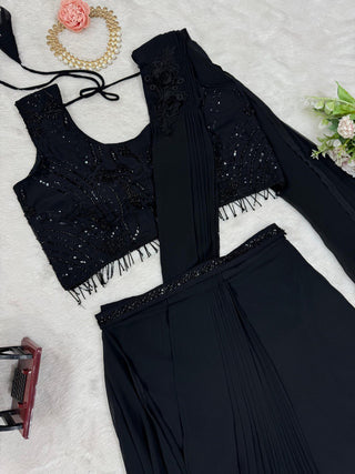 Black Elegant Ready-to-Wear Dhoti Style Ensemble with Blouse & Waist Belt