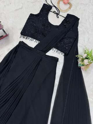 Black Elegant Ready-to-Wear Dhoti Style Ensemble with Blouse & Waist Belt