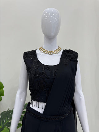 Black Elegant Ready-to-Wear Dhoti Style Ensemble with Blouse & Waist Belt