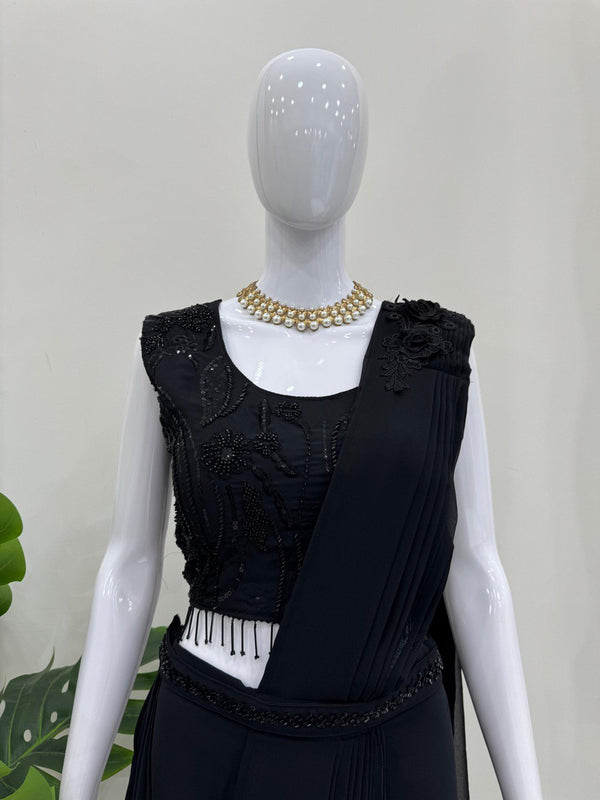Black Elegant Ready-to-Wear Dhoti Style Ensemble with Blouse & Waist Belt