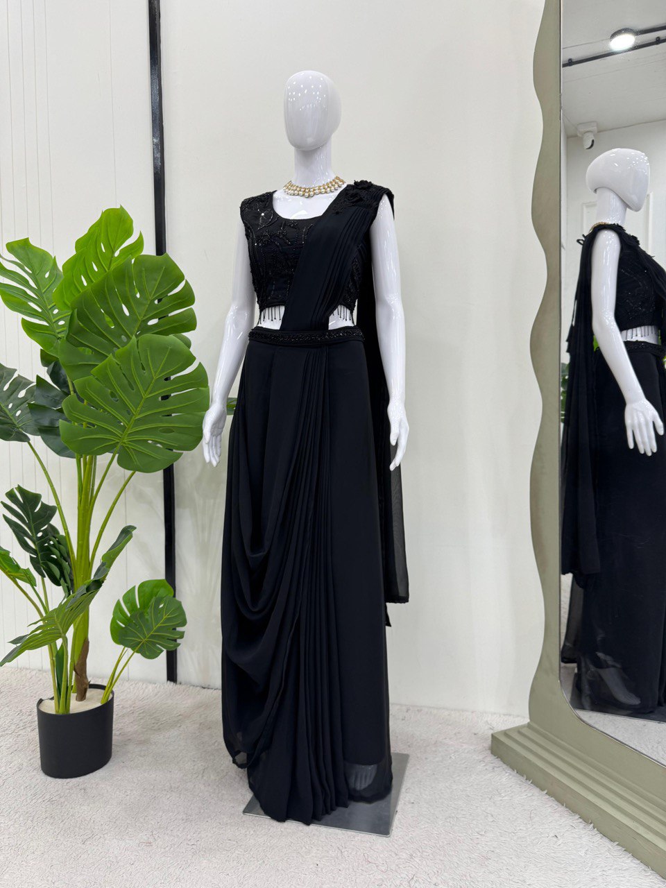Black Elegant Ready-to-Wear Dhoti Style Ensemble with Blouse & Waist Belt