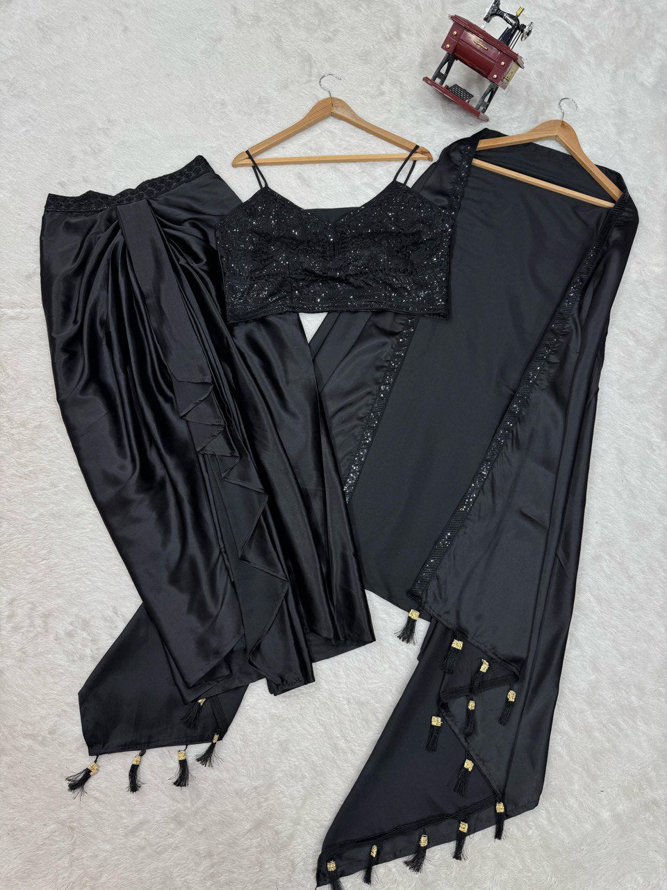 Black Elegant Ready-to-Wear Dhoti Style Set with Shrug & Unstitched Choli ClothsVilla