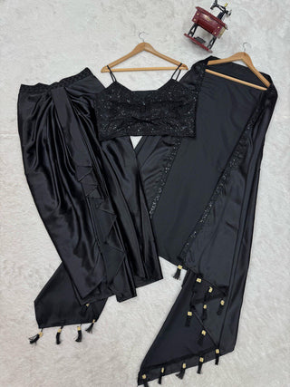 Black Elegant Ready-to-Wear Dhoti Style Set with Shrug & Unstitched Choli ClothsVilla