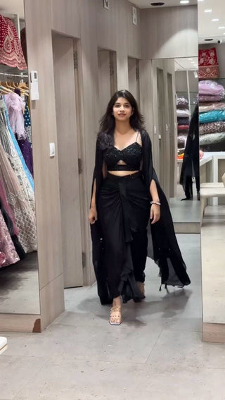 Black Elegant Ready-to-Wear Dhoti Style Set with Shrug & Unstitched Choli ClothsVilla