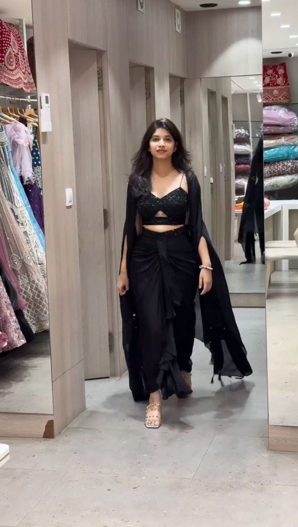 Black Elegant Ready-to-Wear Dhoti Style Set with Shrug & Unstitched Choli ClothsVilla