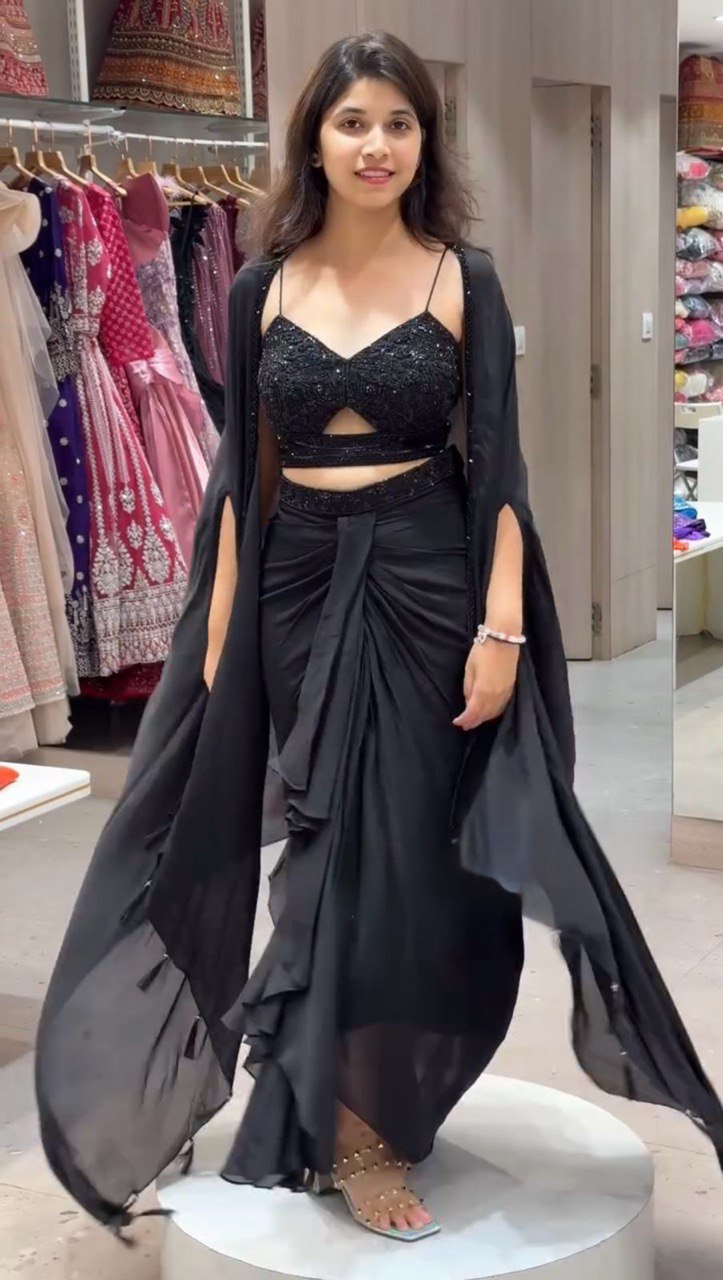 Black Elegant Ready-to-Wear Dhoti Style Set with Shrug & Unstitched Choli ClothsVilla