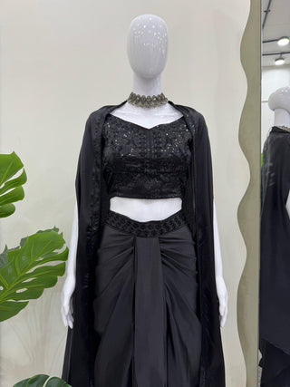 Black Elegant Ready-to-Wear Dhoti Style Set with Shrug & Unstitched Choli ClothsVilla
