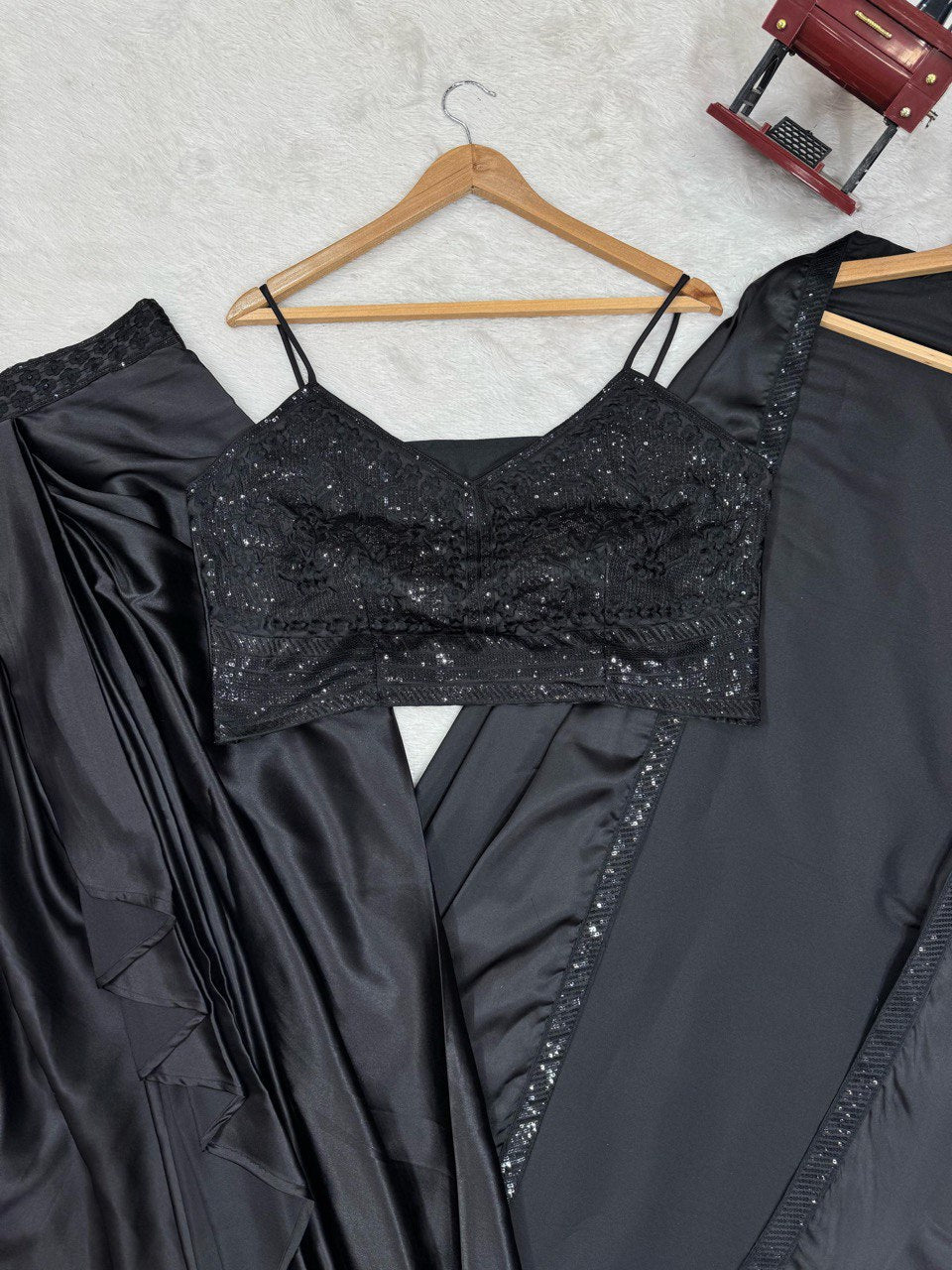 Black Elegant Ready-to-Wear Dhoti Style Set with Shrug & Unstitched Choli ClothsVilla