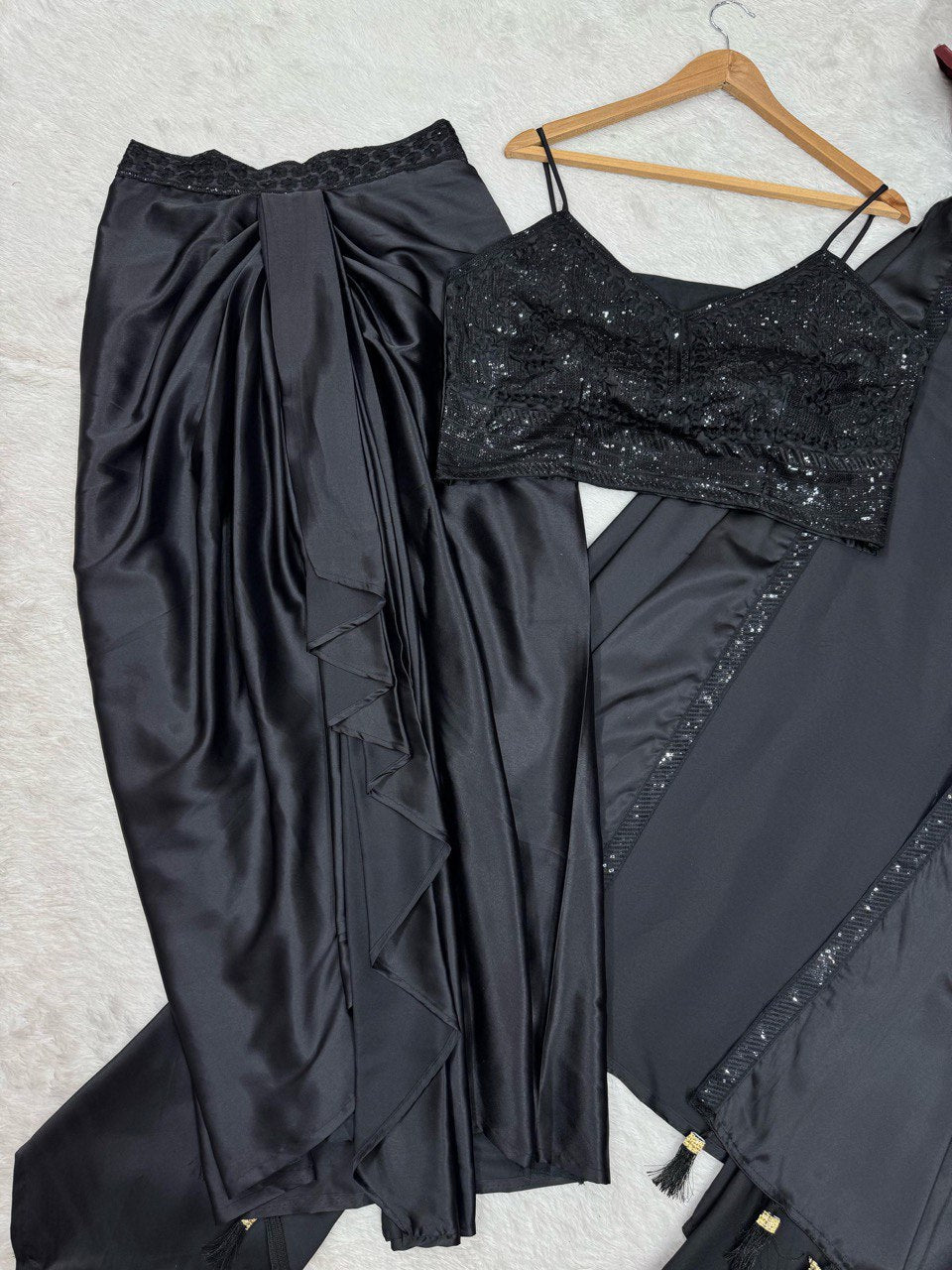 Black Elegant Ready-to-Wear Dhoti Style Set with Shrug & Unstitched Choli ClothsVilla