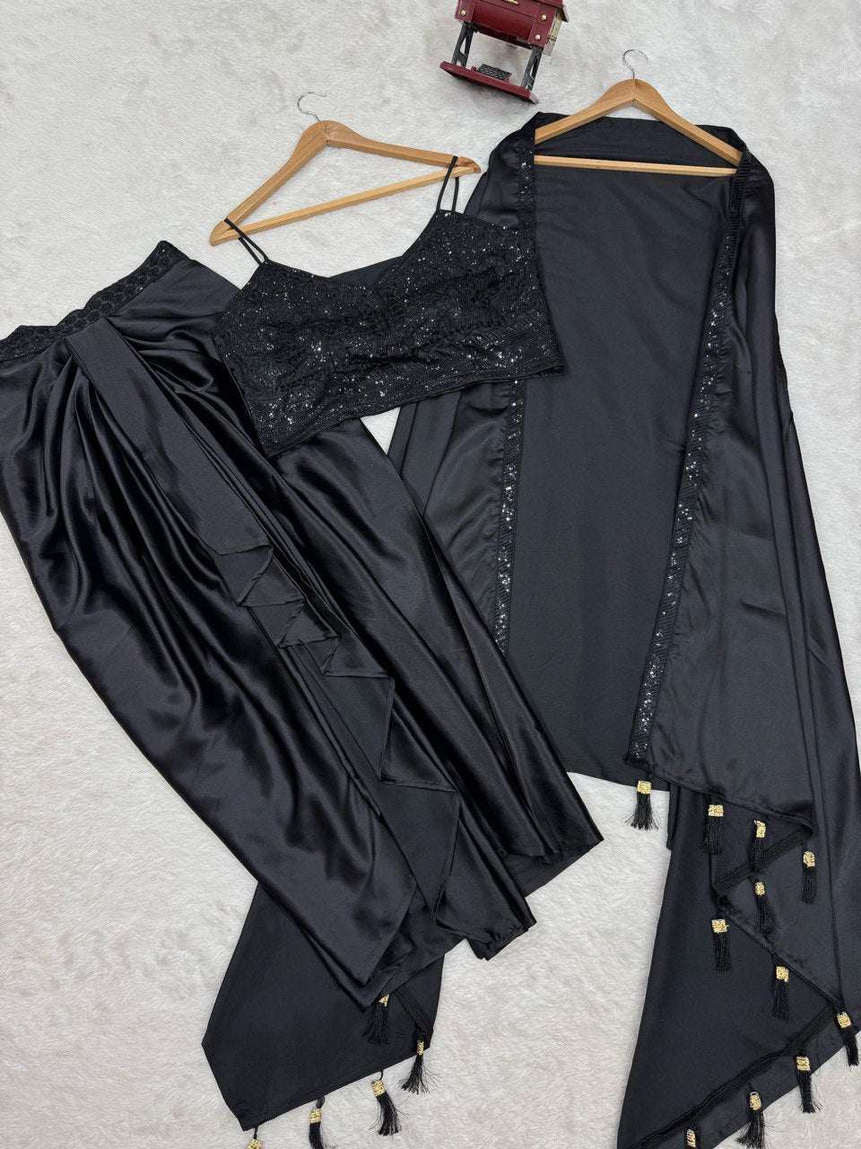 Black Elegant Ready-to-Wear Dhoti Style Set with Shrug & Unstitched Choli ClothsVilla
