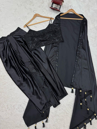 Black Elegant Ready-to-Wear Dhoti Style Set with Shrug & Unstitched Choli ClothsVilla
