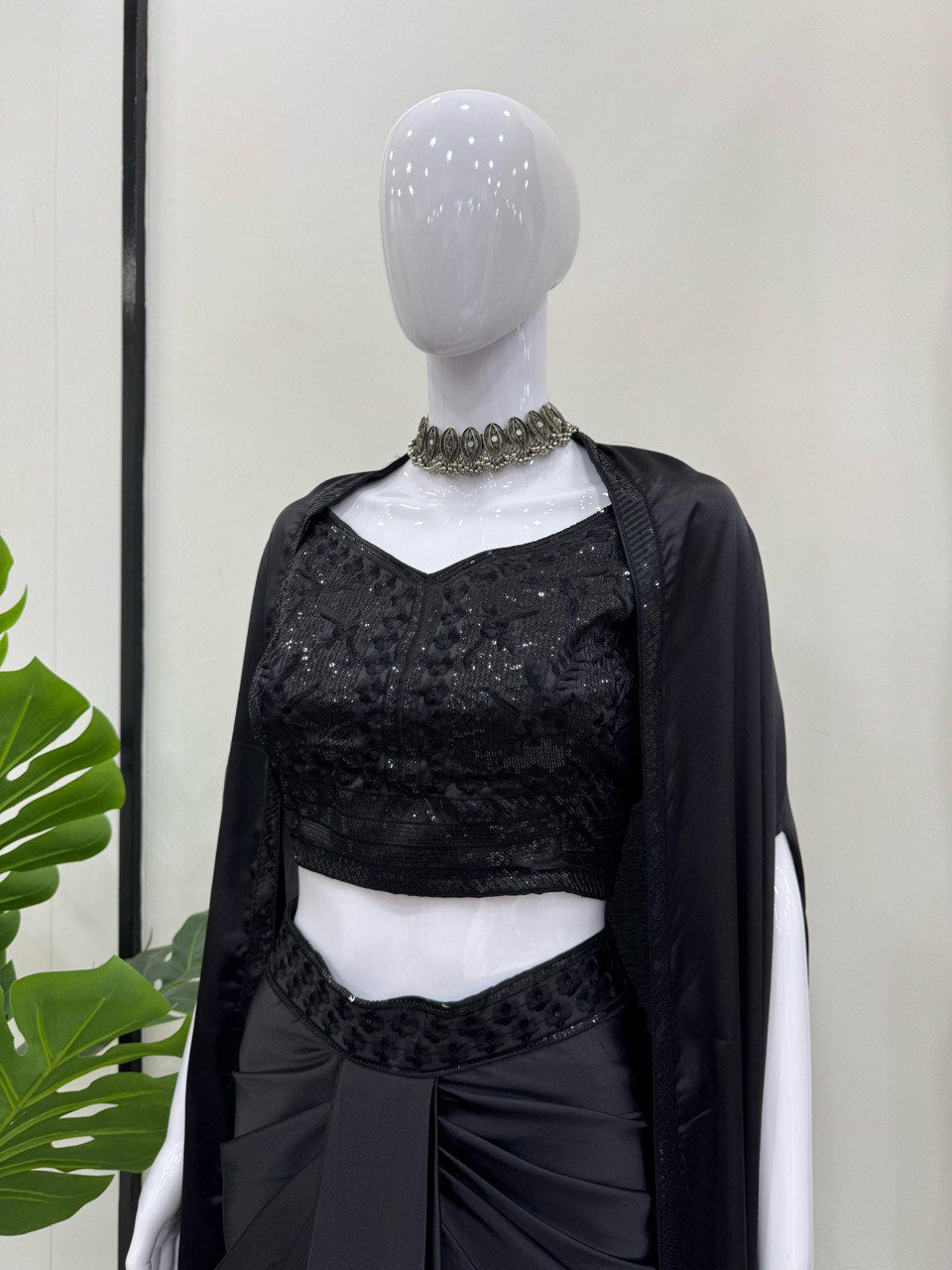 Black Elegant Ready-to-Wear Dhoti Style Set with Shrug & Unstitched Choli ClothsVilla