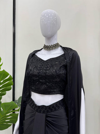 Black Elegant Ready-to-Wear Dhoti Style Set with Shrug & Unstitched Choli ClothsVilla