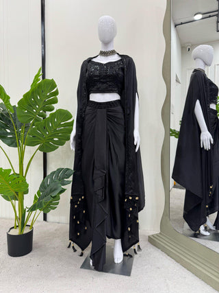 Black Elegant Ready-to-Wear Dhoti Style Set with Shrug & Unstitched Choli ClothsVilla