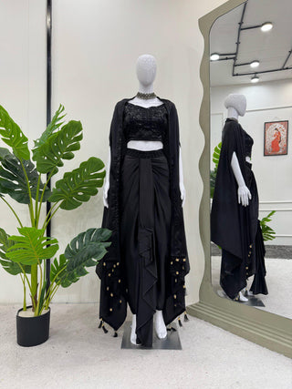 Black Elegant Ready-to-Wear Dhoti Style Set with Shrug & Unstitched Choli ClothsVilla