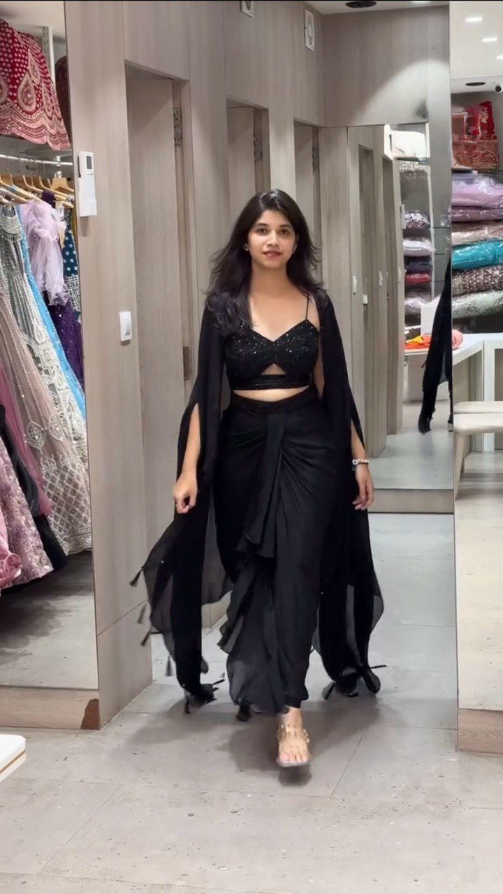 Black Elegant Ready-to-Wear Dhoti Style Set with Shrug & Unstitched Choli ClothsVilla