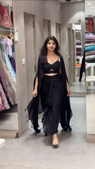 Black Elegant Ready-to-Wear Dhoti Style Set with Shrug & Unstitched Choli ClothsVilla