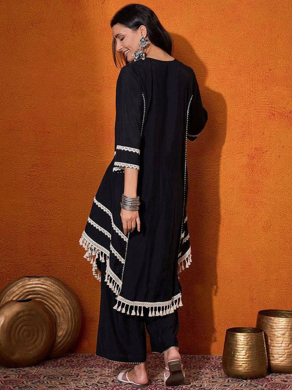 Black Elegant Reyon Cotton Top & Plazo Set with Real Mirror Work and Fancy Lace Latkan ClothsVilla