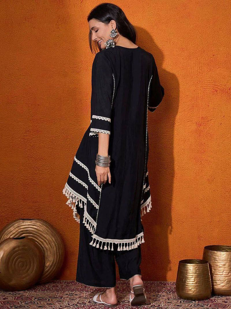 Black Elegant Reyon Cotton Top & Plazo Set with Real Mirror Work and Fancy Lace Latkan ClothsVilla