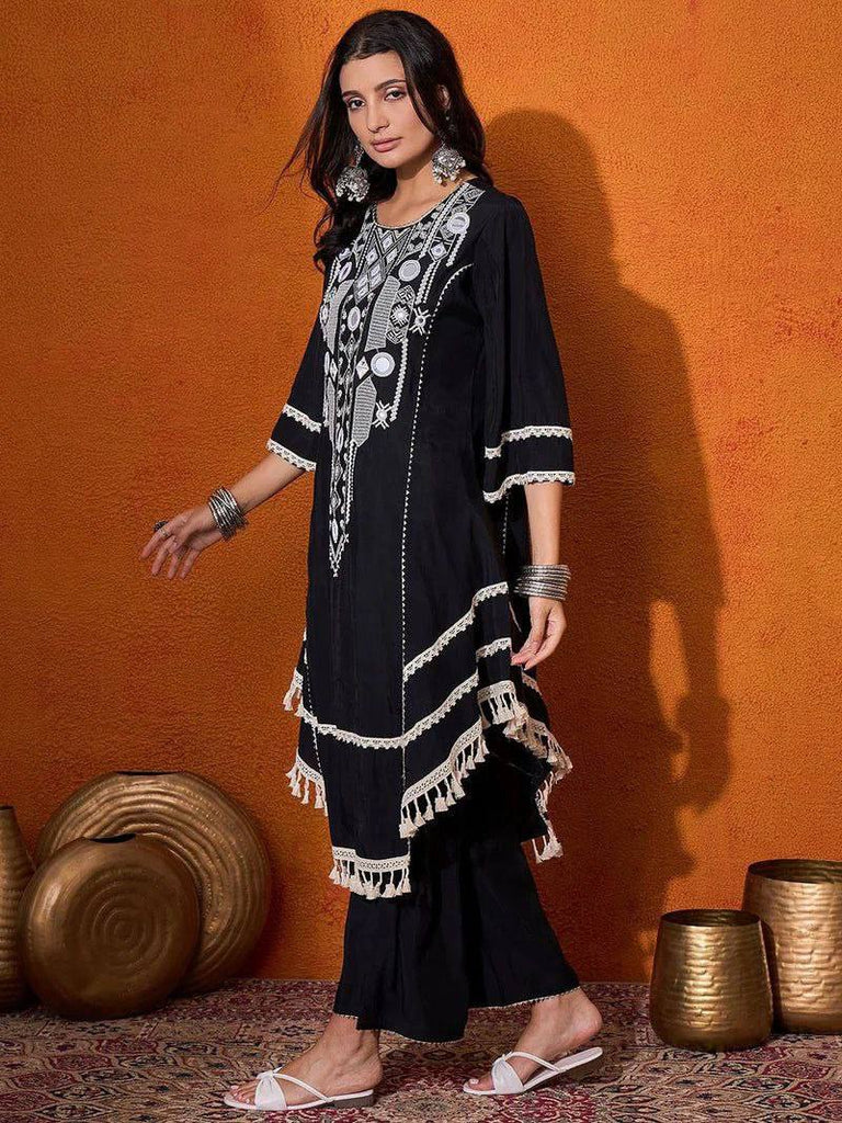 Black Elegant Reyon Cotton Top & Plazo Set with Real Mirror Work and Fancy Lace Latkan ClothsVilla