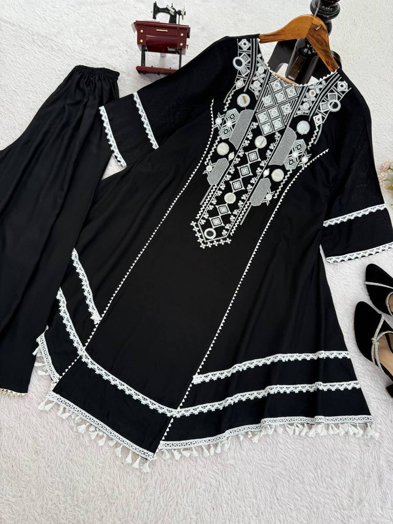 Black Elegant Reyon Cotton Top & Plazo Set with Real Mirror Work and Fancy Lace Latkan ClothsVilla