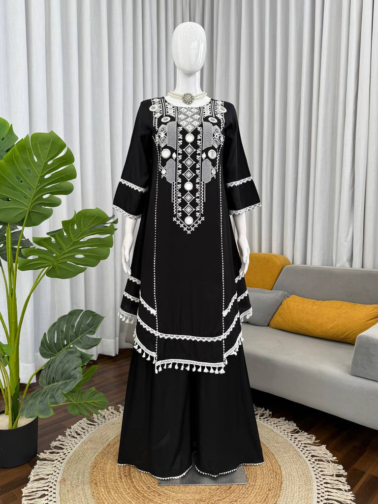 Black Elegant Reyon Cotton Top & Plazo Set with Real Mirror Work and Fancy Lace Latkan ClothsVilla