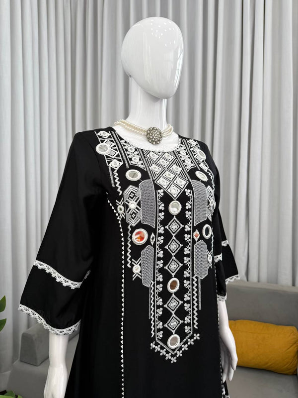 Black Elegant Reyon Cotton Top & Plazo Set with Real Mirror Work and Fancy Lace Latkan ClothsVilla