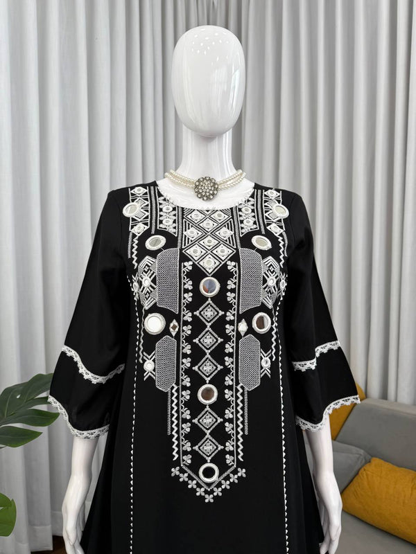 Black Elegant Reyon Cotton Top & Plazo Set with Real Mirror Work and Fancy Lace Latkan ClothsVilla