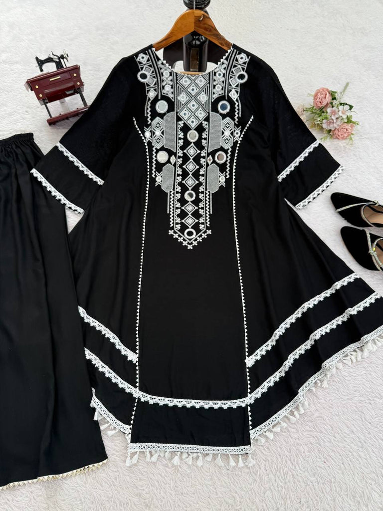 Black Elegant Reyon Cotton Top & Plazo Set with Real Mirror Work and Fancy Lace Latkan ClothsVilla