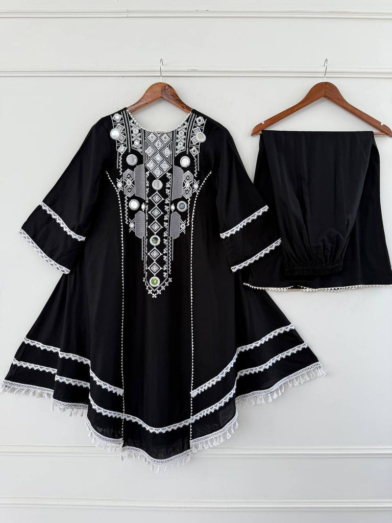 Black Elegant Reyon Cotton Top & Plazo Set with Real Mirror Work and Fancy Lace Latkan ClothsVilla