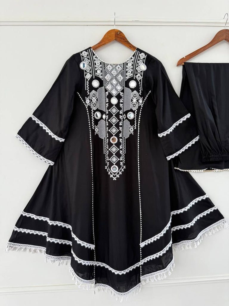 Black Elegant Reyon Cotton Top & Plazo Set with Real Mirror Work and Fancy Lace Latkan ClothsVilla