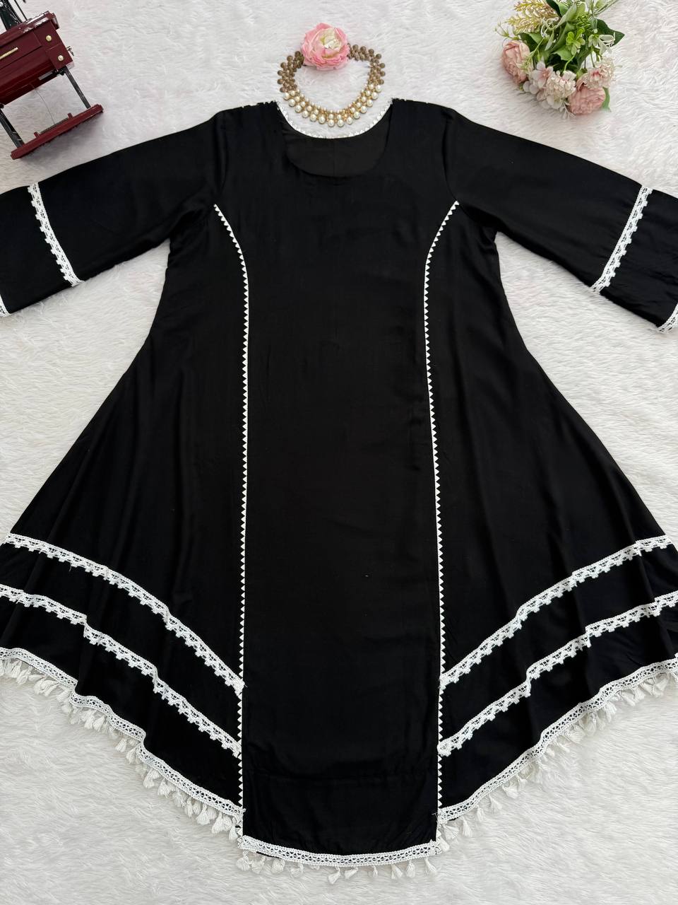 Black Elegant Reyon Cotton Top & Plazo Set with Real Mirror Work and Fancy Lace Latkan ClothsVilla
