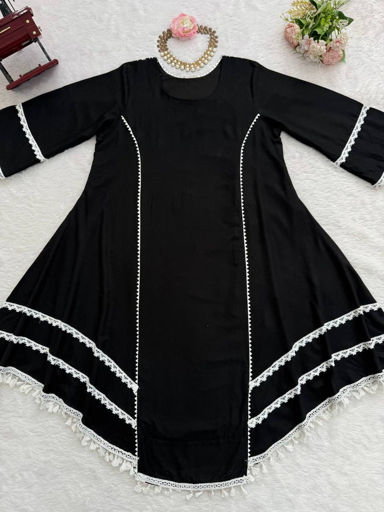 Black Elegant Reyon Cotton Top & Plazo Set with Real Mirror Work and Fancy Lace Latkan ClothsVilla