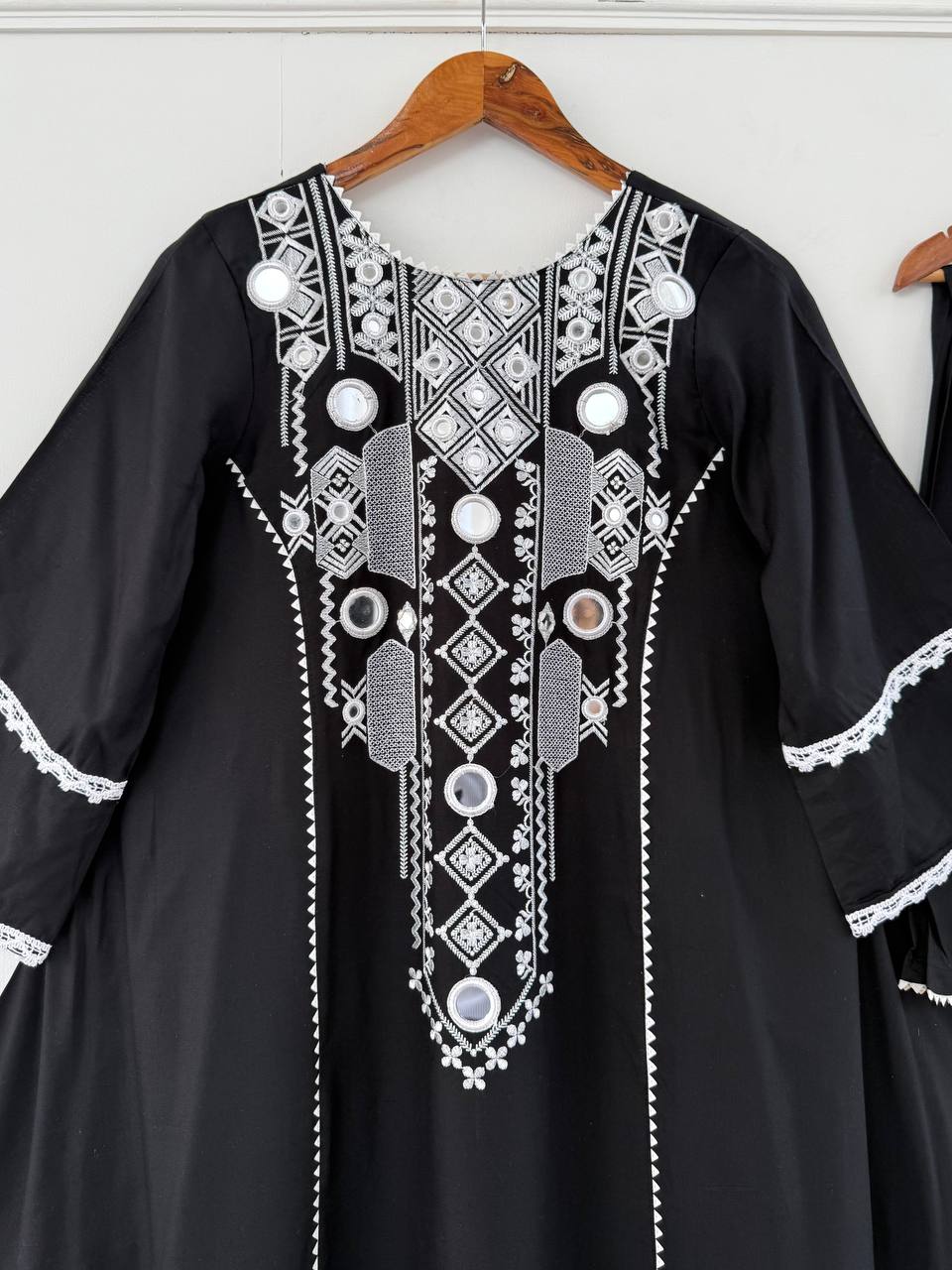 Black Elegant Reyon Cotton Top & Plazo Set with Real Mirror Work and Fancy Lace Latkan ClothsVilla