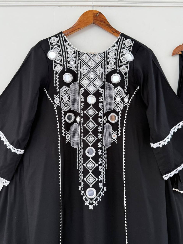 Black Elegant Reyon Cotton Top & Plazo Set with Real Mirror Work and Fancy Lace Latkan ClothsVilla