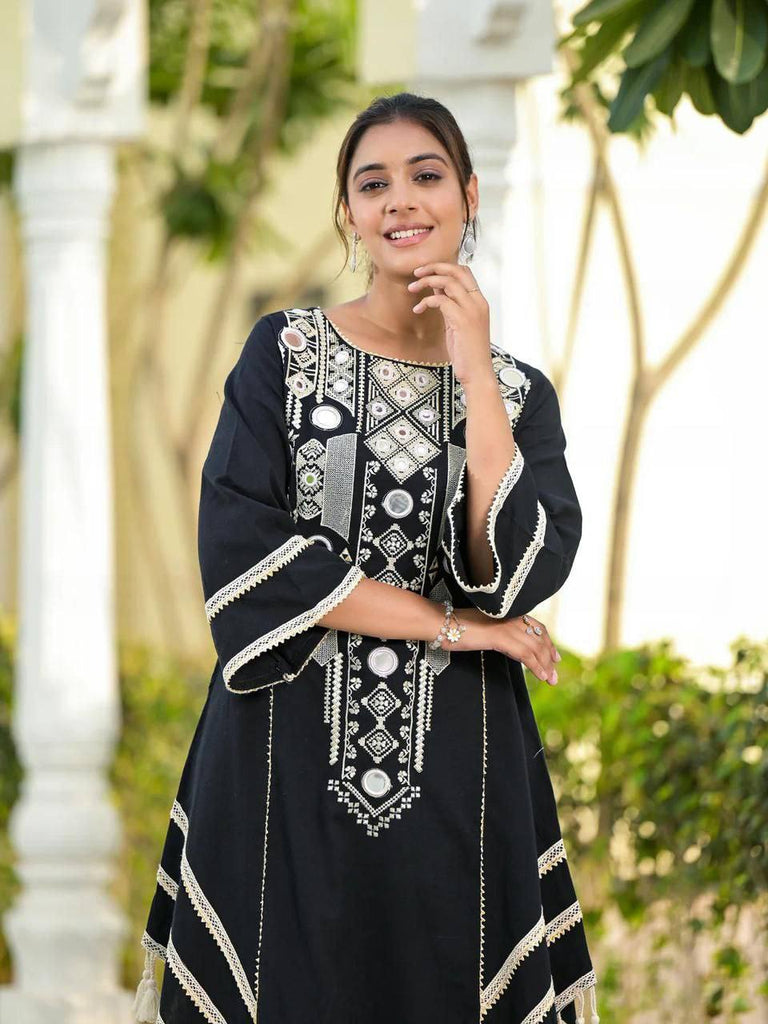 Black Elegant Reyon Cotton Top & Plazo Set with Real Mirror Work and Fancy Lace Latkan ClothsVilla