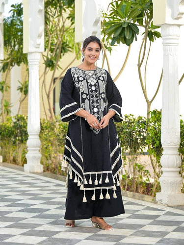 Black Elegant Reyon Cotton Top & Plazo Set with Real Mirror Work and Fancy Lace Latkan ClothsVilla