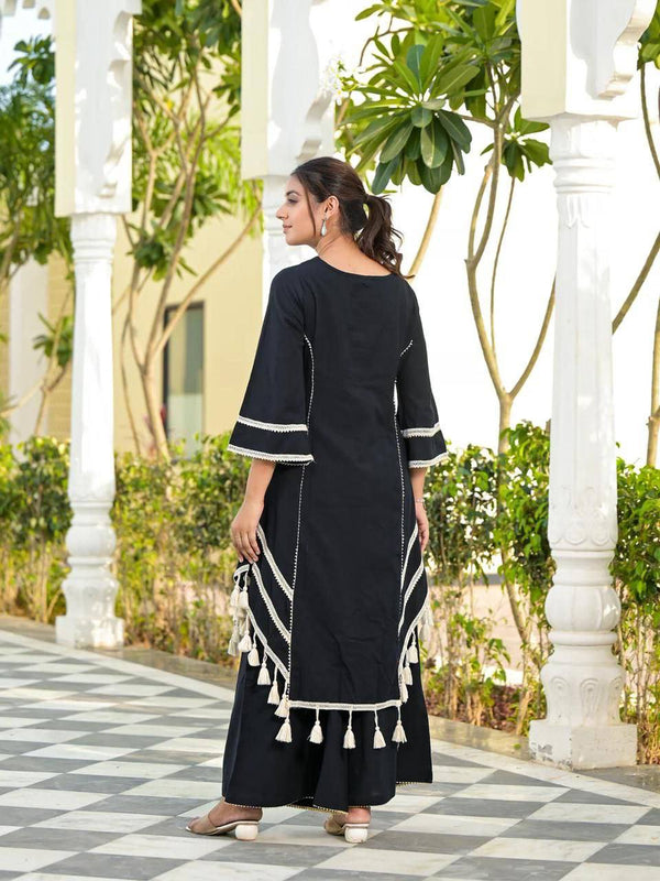Black Elegant Reyon Cotton Top & Plazo Set with Real Mirror Work and Fancy Lace Latkan ClothsVilla