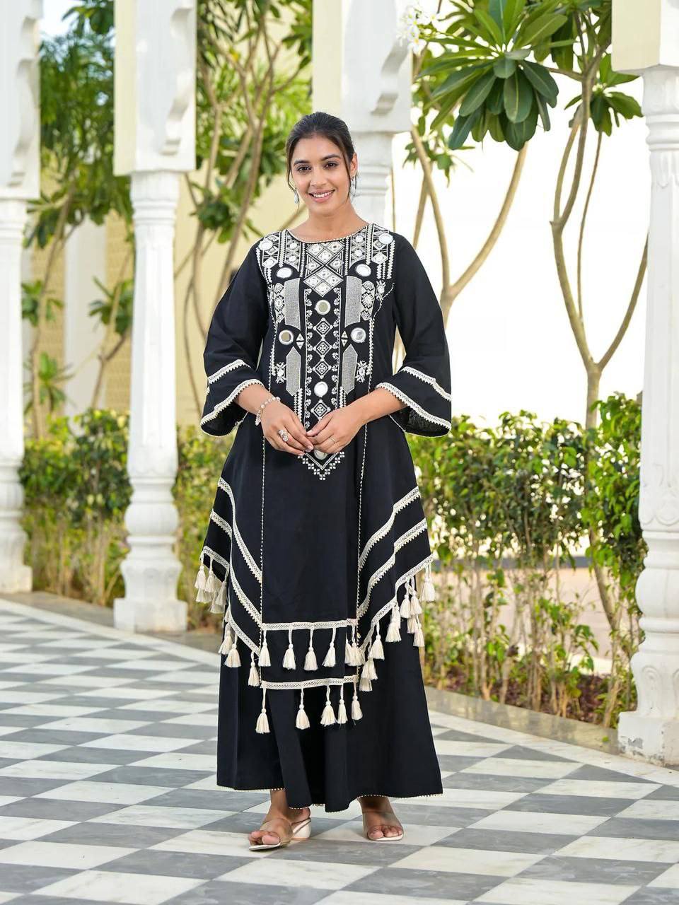 Black Elegant Reyon Cotton Top & Plazo Set with Real Mirror Work and Fancy Lace Latkan ClothsVilla
