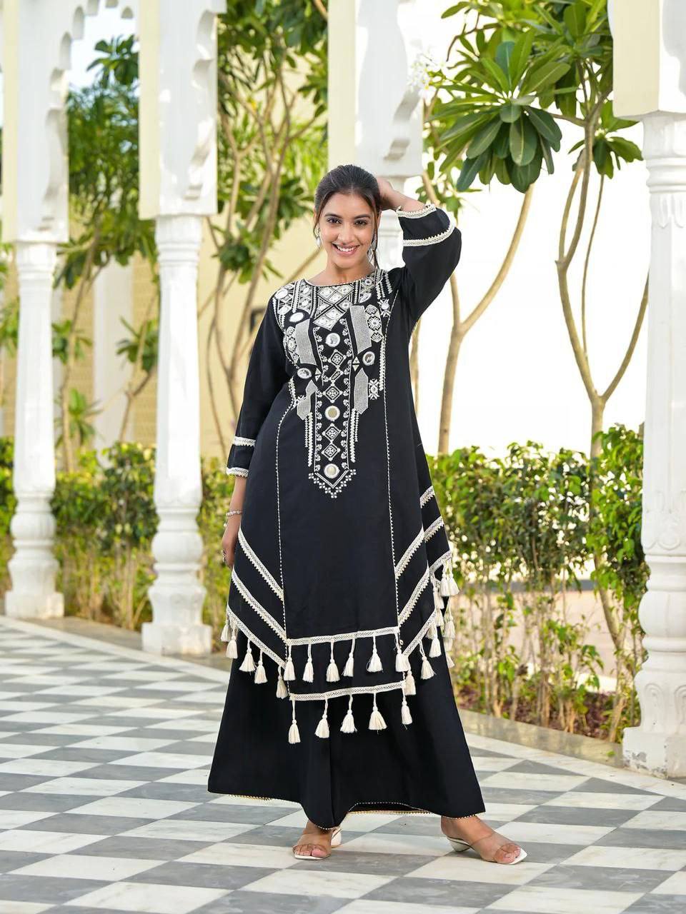 Black Elegant Reyon Cotton Top & Plazo Set with Real Mirror Work and Fancy Lace Latkan ClothsVilla