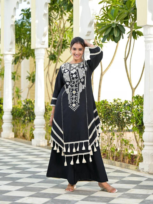 Black Elegant Reyon Cotton Top & Plazo Set with Real Mirror Work and Fancy Lace Latkan ClothsVilla