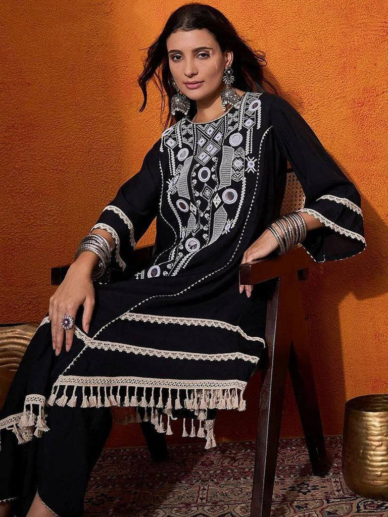 Black Elegant Reyon Cotton Top & Plazo Set with Real Mirror Work and Fancy Lace Latkan ClothsVilla