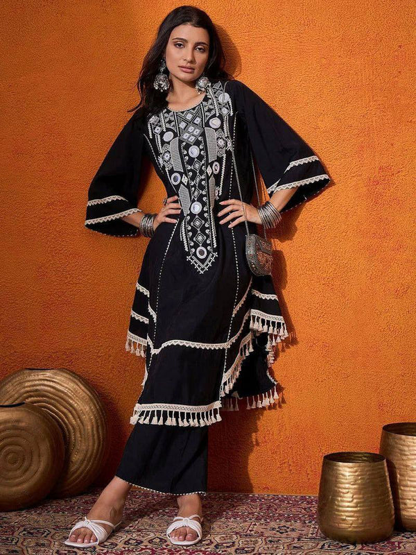 Black Elegant Reyon Cotton Top & Plazo Set with Real Mirror Work and Fancy Lace Latkan ClothsVilla