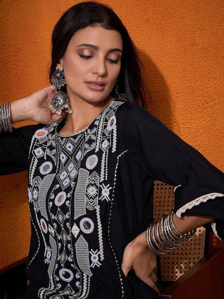 Black Elegant Reyon Cotton Top & Plazo Set with Real Mirror Work and Fancy Lace Latkan ClothsVilla