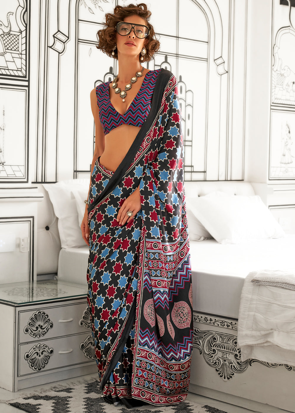 Black Elegant Satin Crepe Saree – Luxurious & Graceful Drape ClothsVilla