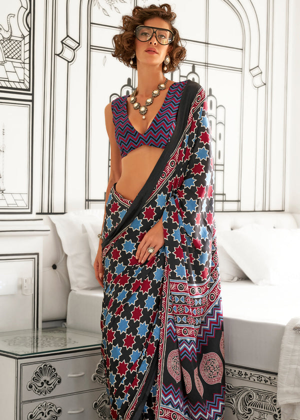 Black Elegant Satin Crepe Saree – Luxurious & Graceful Drape ClothsVilla
