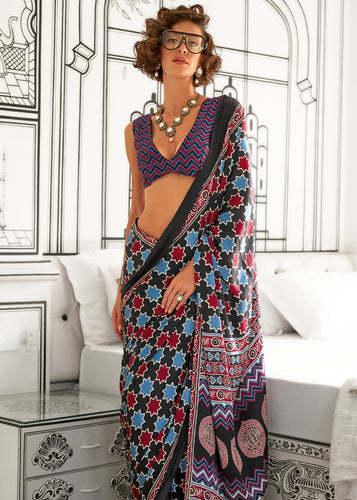 Black Elegant Satin Crepe Saree – Luxurious & Graceful Drape ClothsVilla