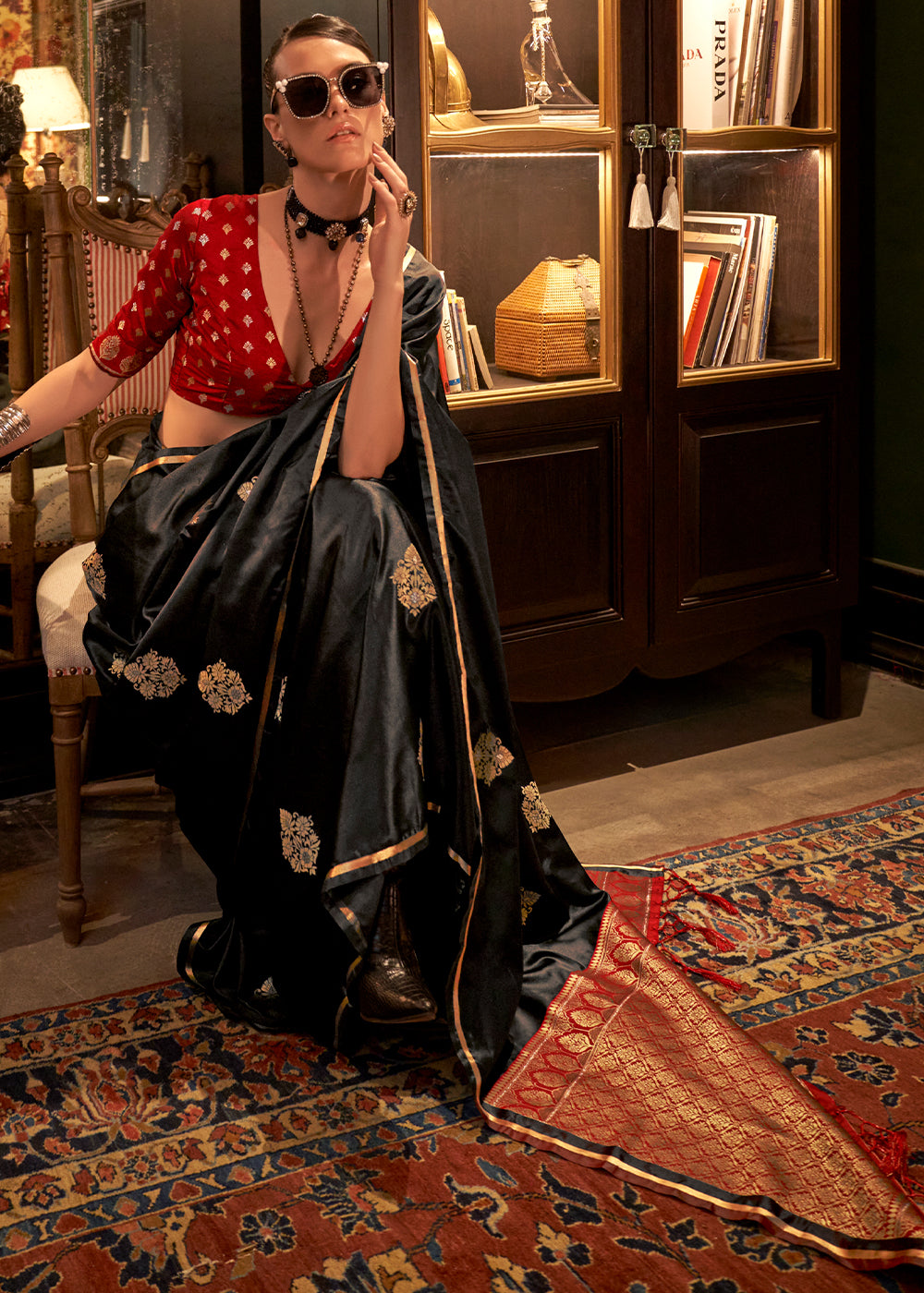 Black Elegant Satin Silk Saree – Evening Cocktail & Dinner Party Wear ClothsVilla