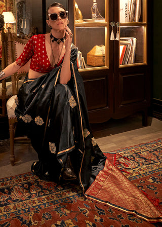 Black Elegant Satin Silk Saree – Evening Cocktail & Dinner Party Wear ClothsVilla