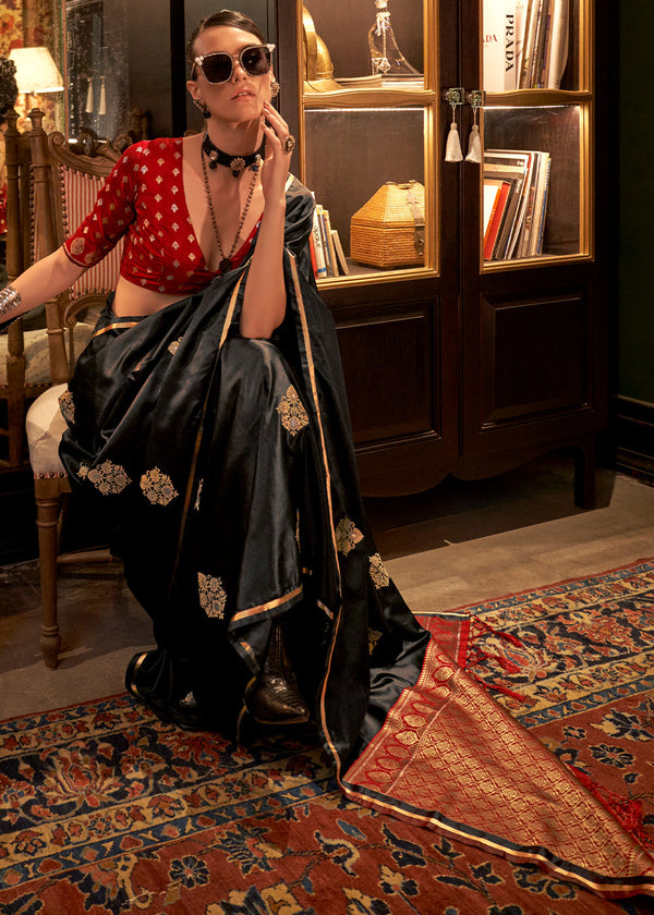 Black Elegant Satin Silk Saree – Evening Cocktail & Dinner Party Wear ClothsVilla